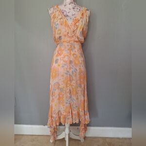 Super Natural Peach chiffon floral ruffle asymmetrical hem plunging neck dress S